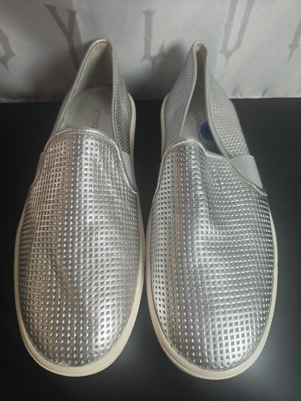 VINCE Blair Womens 6.5 Shoe Silver Leather Slip On Perforated Casual Sneakers